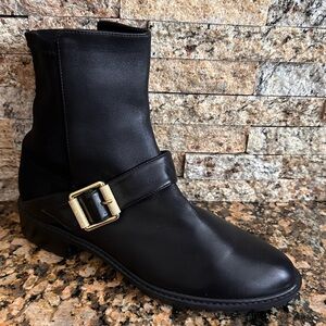 NWOB | Stuart Weitzman Black Leather Ryder Lift Gold Buckle Bootie